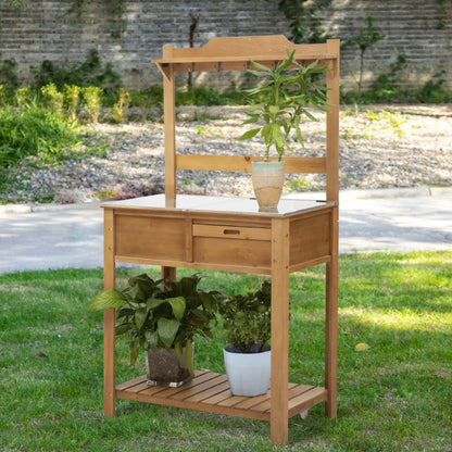 Wooden Potting Bench Table with Galvanised Metal Worktop, Sieve Screen, Shelf and Hooks