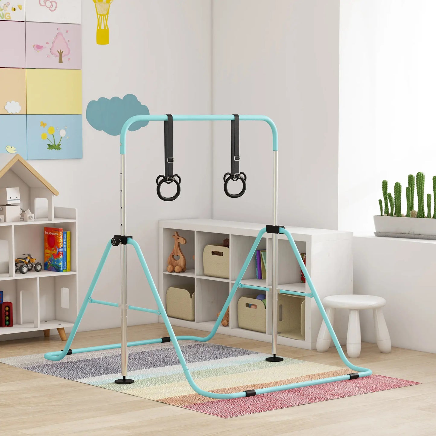 Adjustable Height Gymnastics Bar with Gymnastic Rings Attachment Included - For Kids - Green