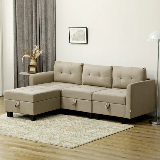 L-Shape Modular Sofa Set with Ottoman Storage - Textured Fabric Feel Material