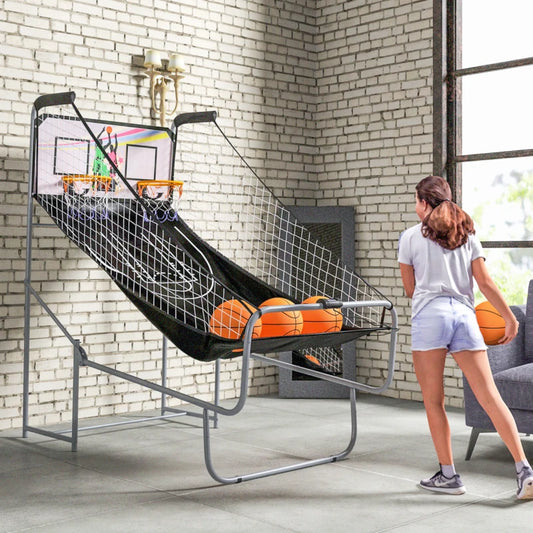 Arcade Game Style - Foldable Double Hoop / Net Basketball Practice Machine with 4 Basketballs Included