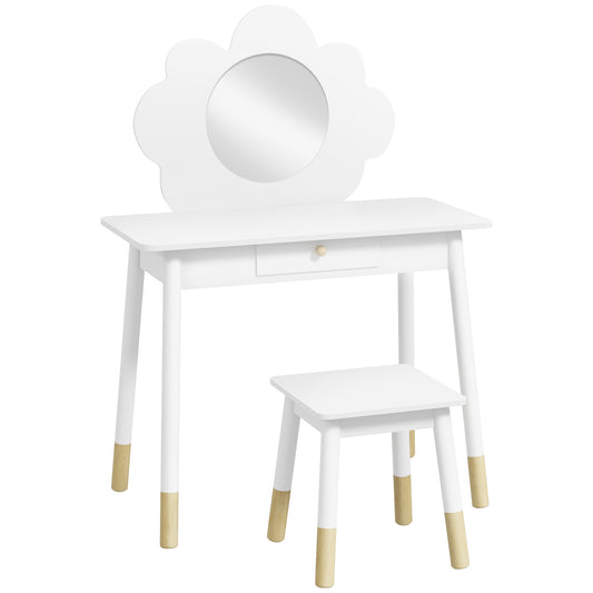 Kids Dressing Table with Mirror, Stool, Drawer, Cloud Design, White