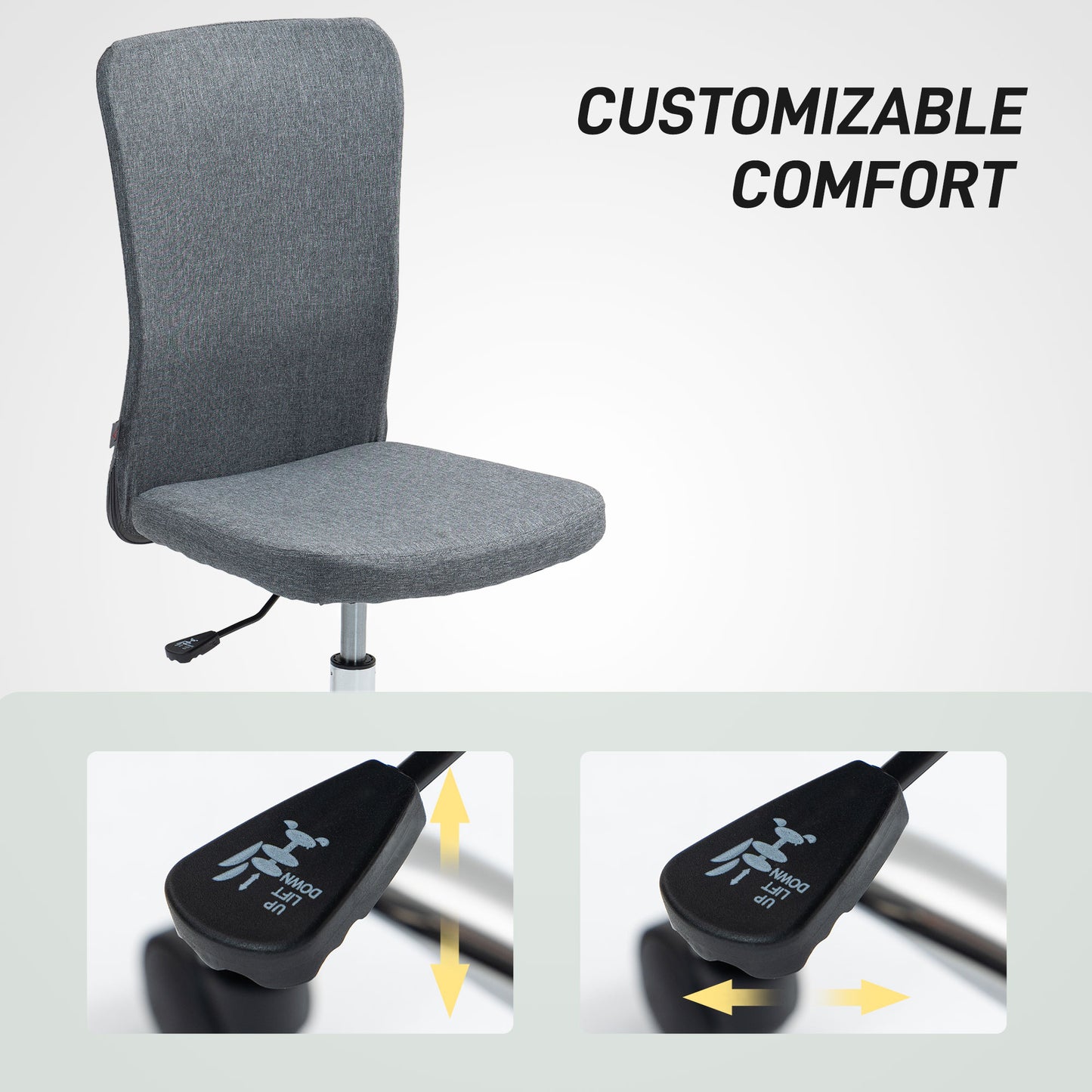 Armless Computer Desk Chair, Fabric Swivel Office Chair, Makeup Vanity Chair with Height Adjustable, Wheels