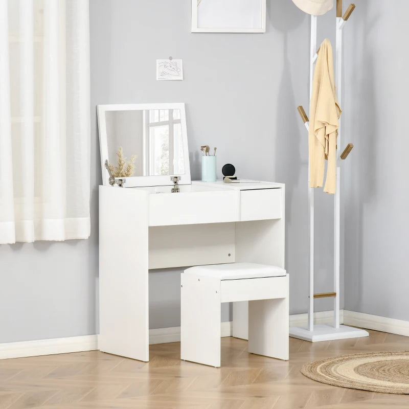 Makeup Dressing Table with Built In Flip up Vanity Mirror & Cube Seat - White