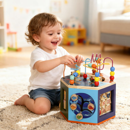Wooden Activity Cube, Baby Toys with Bead Maze, Pattern Sorter for Toddlers Boys and Girls 18+ Months