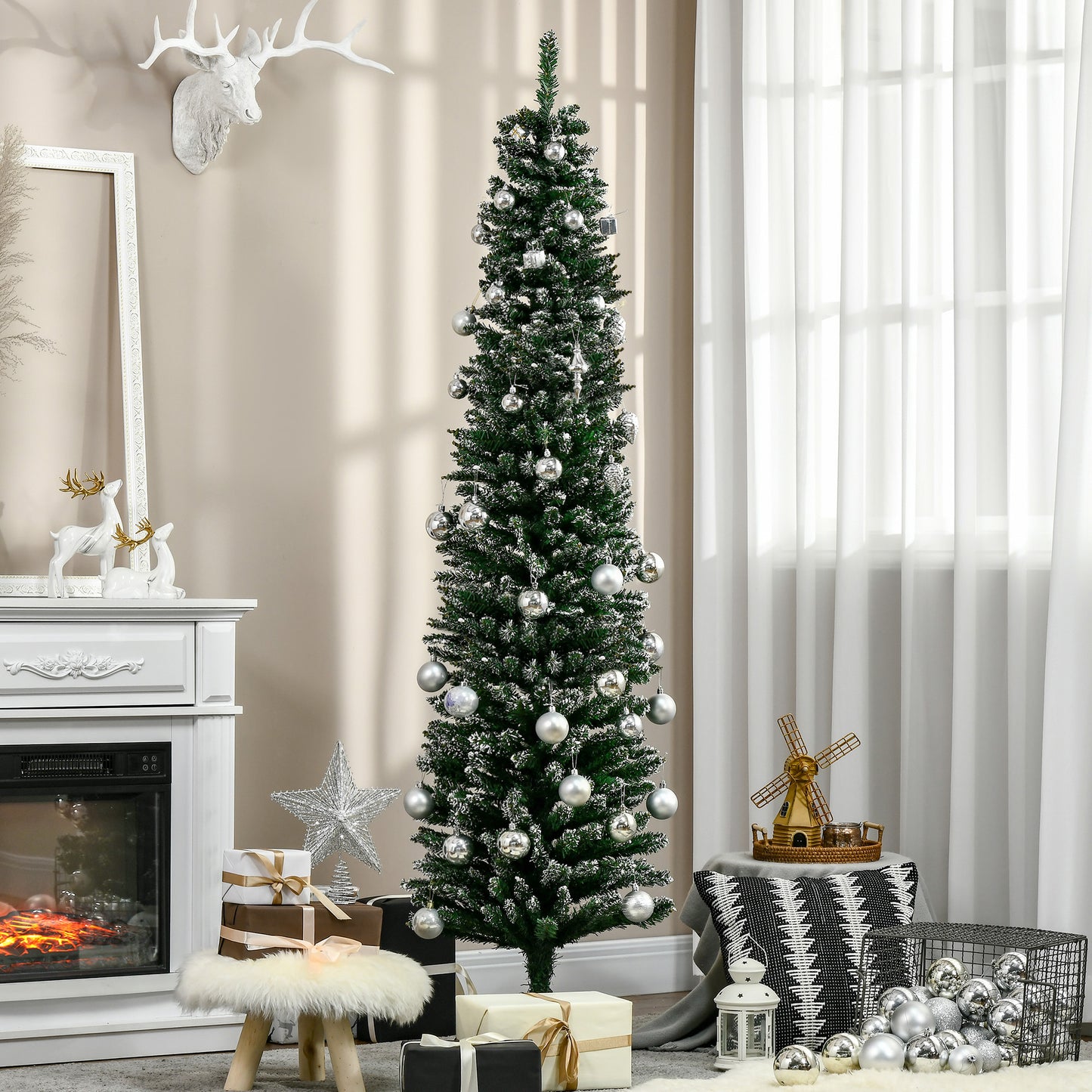 6FT Artificial Snow Dipped Christmas Tree Xmas Pencil Tree Holiday Home Indoor Decoration with Foldable Black Stand, Green