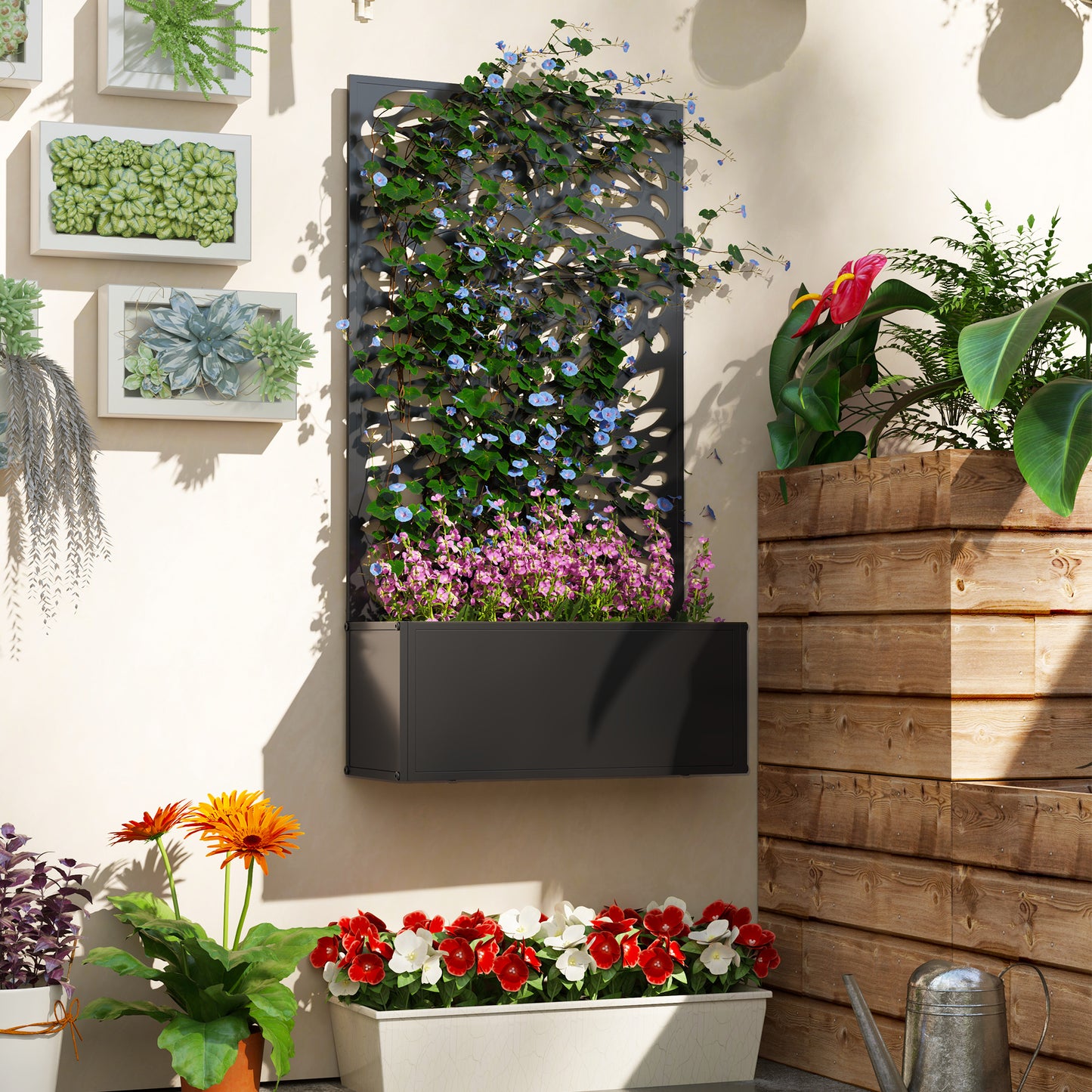 Outdoor Metal Planter, with Back Trellis - Black