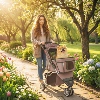 Dog Stroller, 3 Wheels Foldable Pet Stroller with Adjustable Canopy, Storage Basket for Small Mini Breeds, Coffee