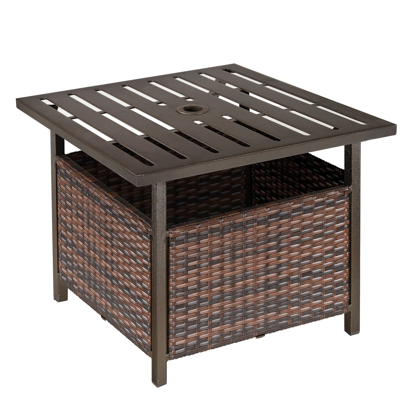 Rattan Garden Coffee Table, 55.5 cm Square Wicker Patio Side Coffee Table with 4 cm Umbrella Hole