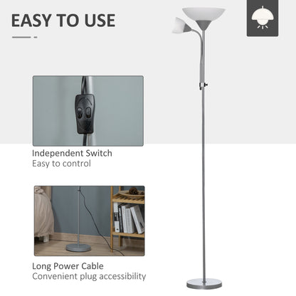 LED Floor Lamp for Living Room, 180cm Tall Standing Lamp, Mother and Child Uplighter with Adjustable Gooseneck, Silver Tone