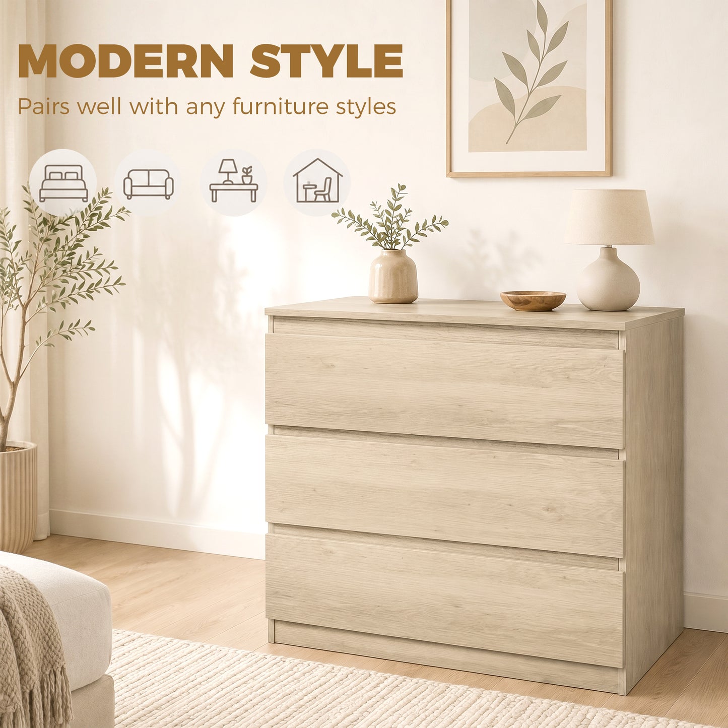3-Drawer Storage Organiser Unit, Chest of Drawers for Bedroom, Living Room, 80 x 39 x 73cm, Oak