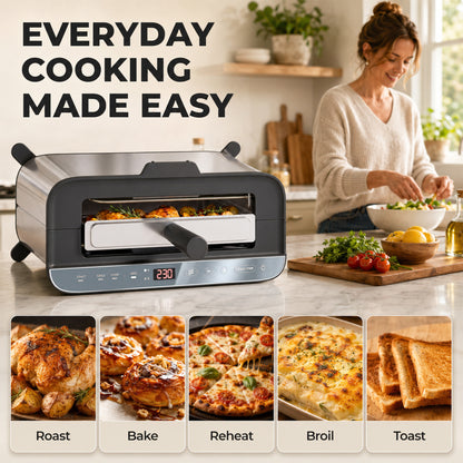 3-in-1 Electric Mini Oven, Long Slot Toaster and Tabletop Grill, with LED Display, 60 Min Timer, Stainless Steel, 1700W