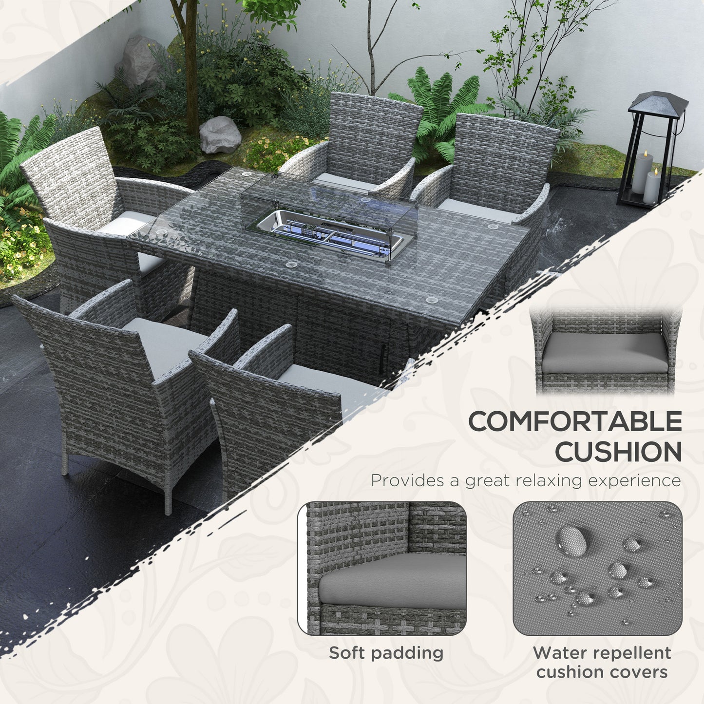 7 Pieces Outdoor Rattan Garden Furniture with Fire Pit Table, 6 Seater Garden Table and Chairs with Cushions