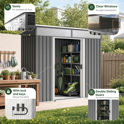 6.5 x 4FT Galvanised Metal Shed with Foundation Kit, Lockable Tool Garden Shed with Double Sliding Doors, Vents, Grey