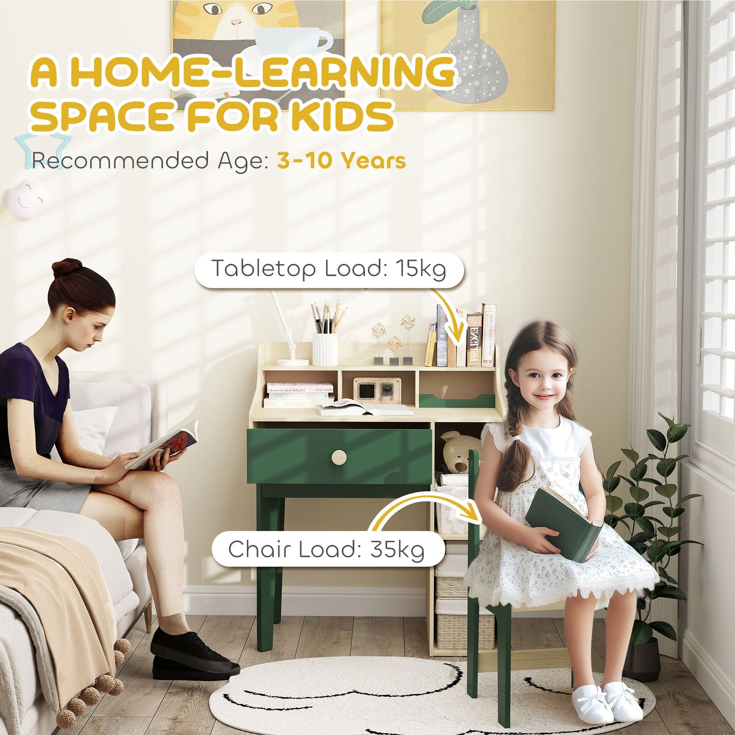 Kids Desk and Chair Set with Storage Shelves and Drawer, Green