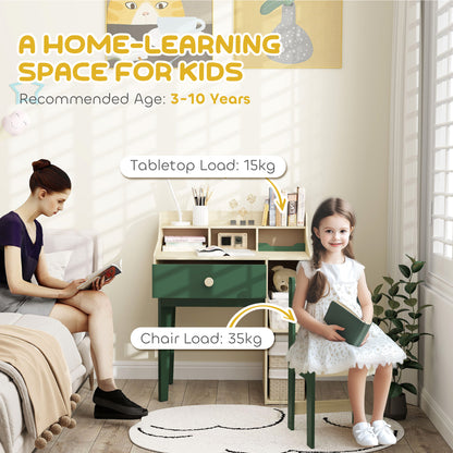 Kids Desk and Chair Set with Storage Shelves and Drawer, Green
