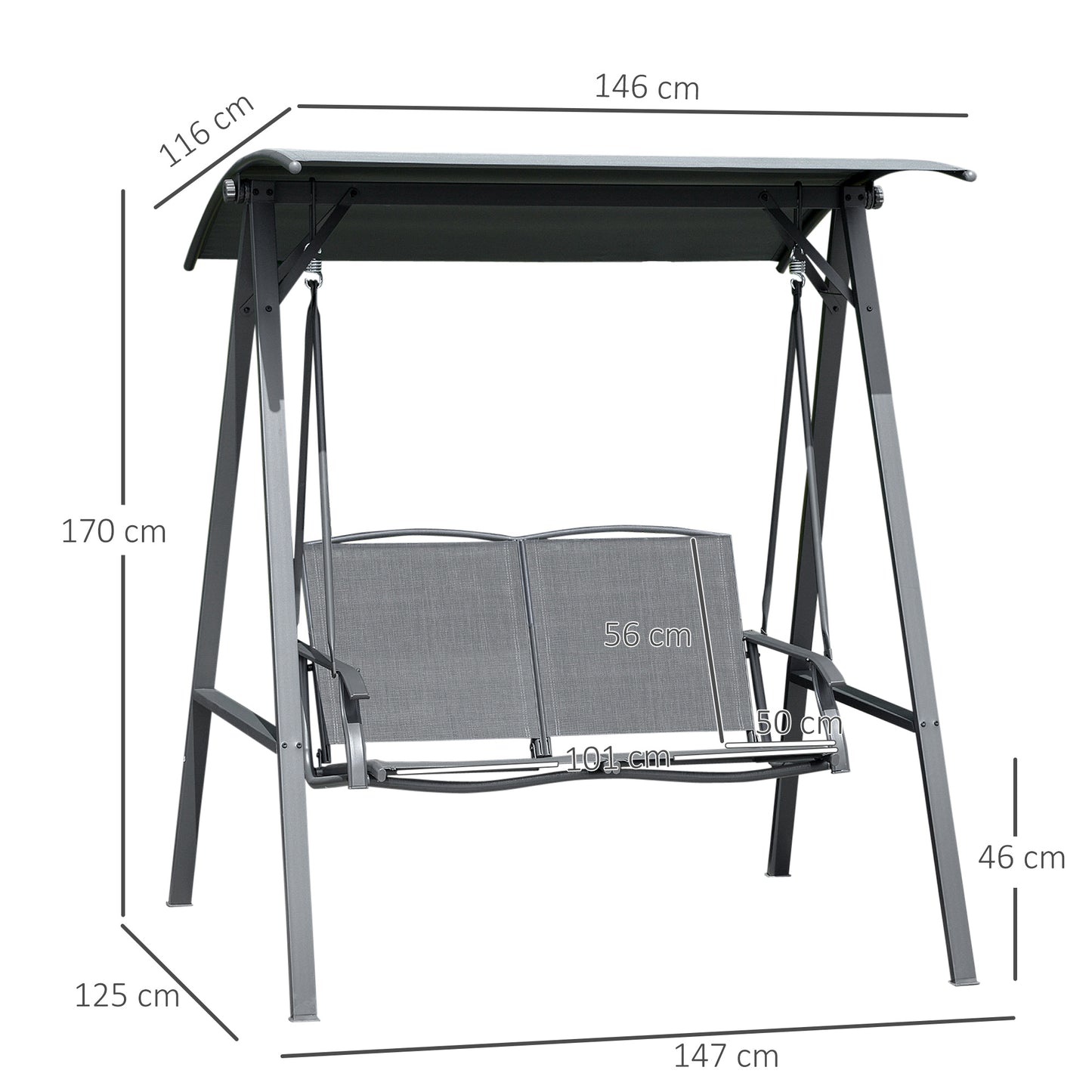 2 Seater Garden Swing Seat Swing Chair, Outdoor Canopy Swing Bench with Adjustable Shade, Metal Frame and Texteline Seat