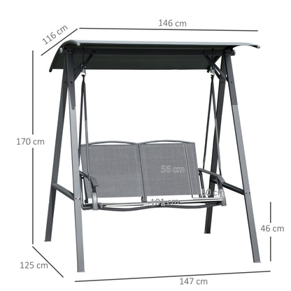 2 Seater Garden Swing Seat Swing Chair, Outdoor Canopy Swing Bench with Adjustable Shade, Metal Frame and Texteline Seat