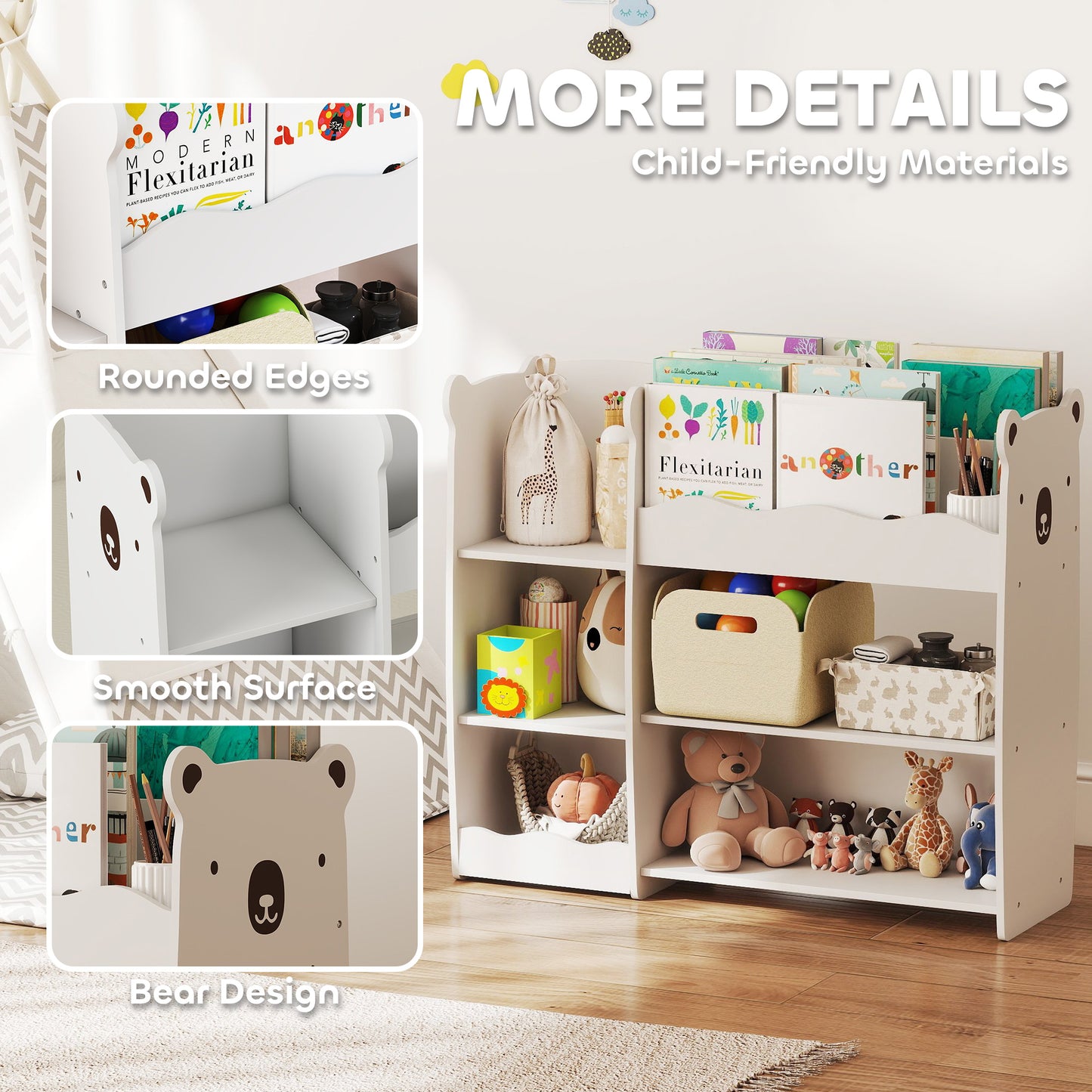 Kids Toy Storage Unit, Bear Design Kids Bookshelf and Toy Organiser, for Bedroom, Nursery, Playroom, White