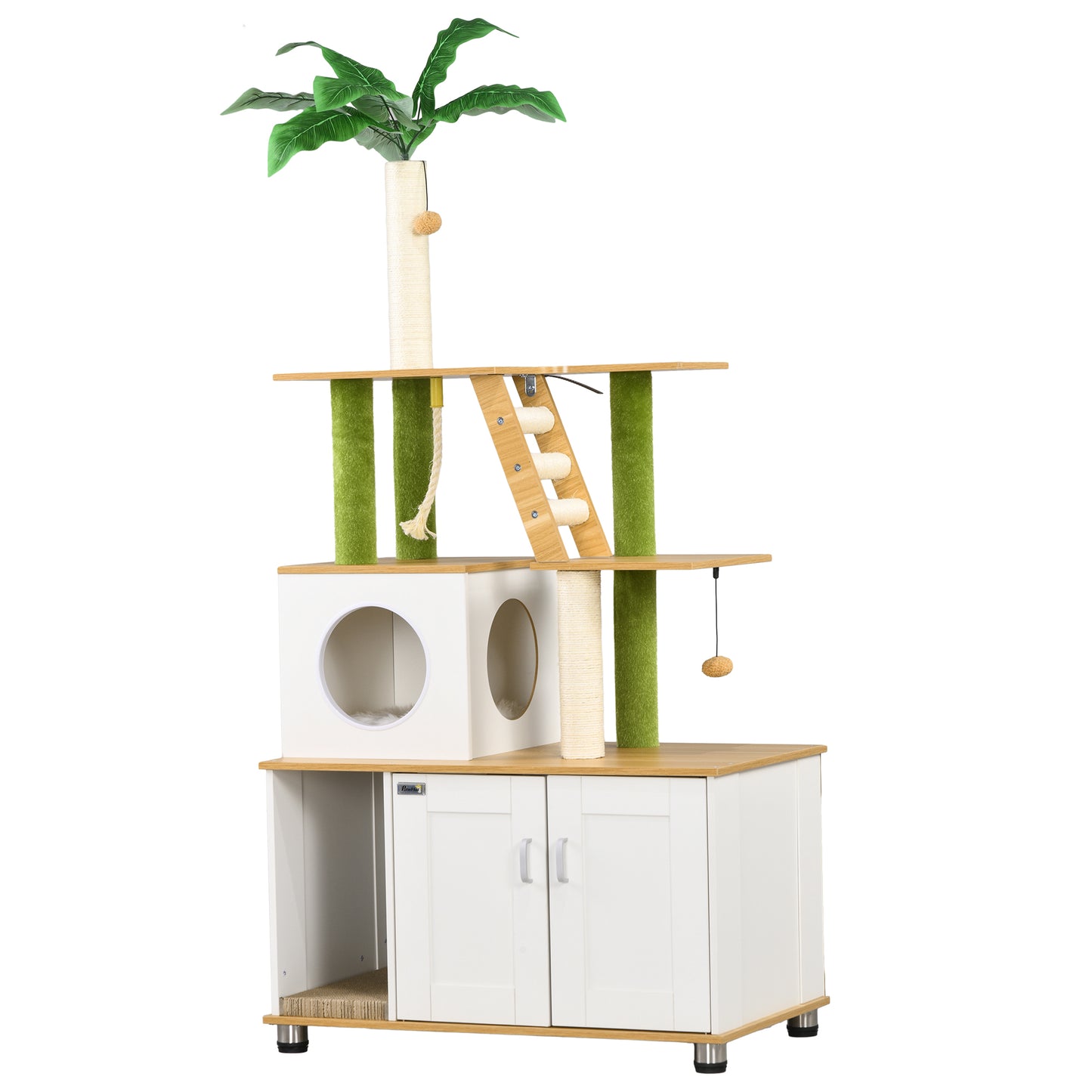 2-in-1 Hidden Cat Litter Box, Green Leaf Cat Tree, with House, Ladder, Scratching Posts, Platforms, Indoors -Oak