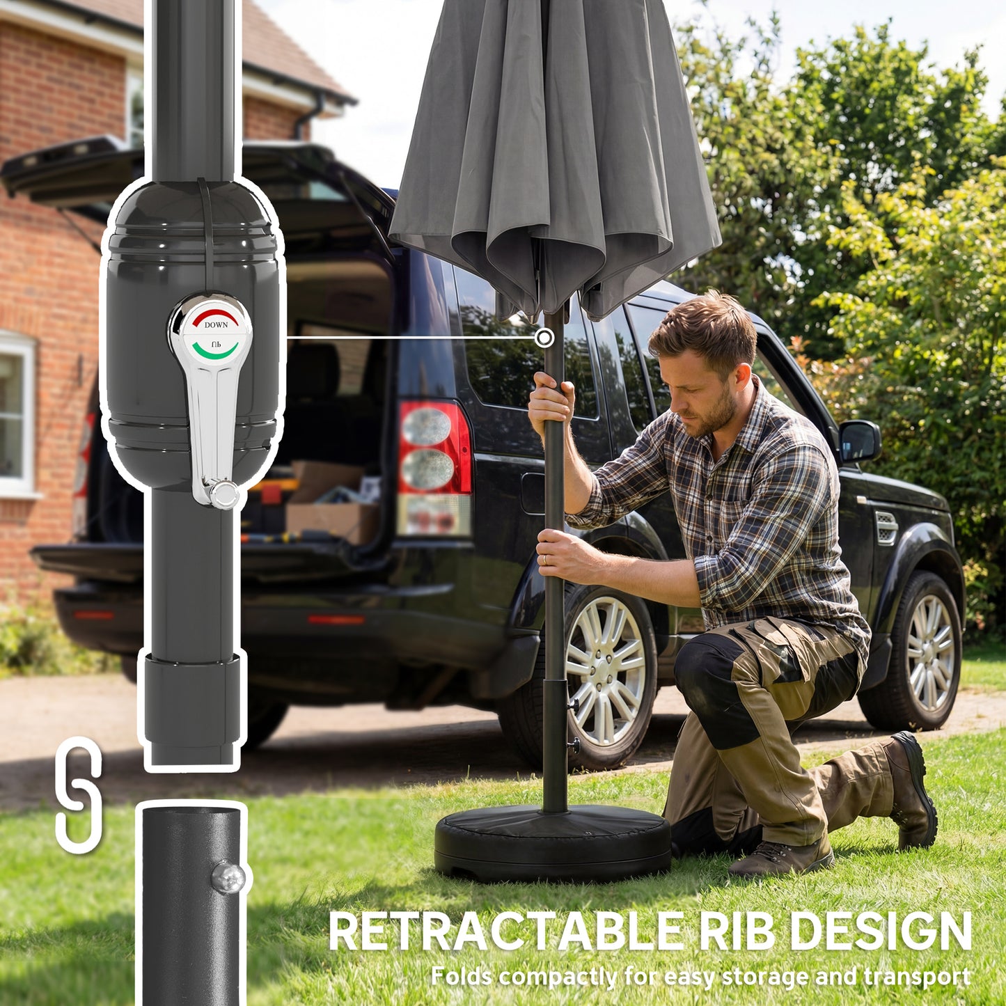 2.7 m Garden Parasol Umbrella with Cross Base and Sandbag, Retractable Ribs, Outdoor Table Market Umbrella, Light Grey