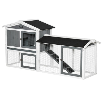 Rabbit Hutch Outdoor, 2-Tier Guinea Pig Hutch, Wooden Small Animal House with Rabbit Run Box, Slide-out Tray, Ramp