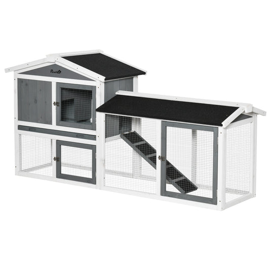 Rabbit Hutch Outdoor, 2-Tier Guinea Pig Hutch, Wooden Small Animal House with Rabbit Run Box, Slide-out Tray, Ramp