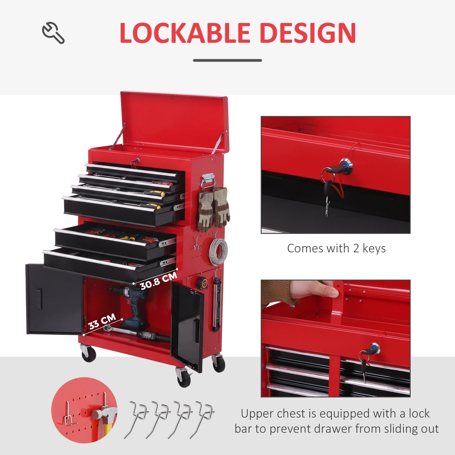 Tool Chest, Metal Tool Cabinet on Wheels with 6 Drawers, Pegboard, Top Chest and Roller Cabinet Combo, 61.6 x 33 x 108cm