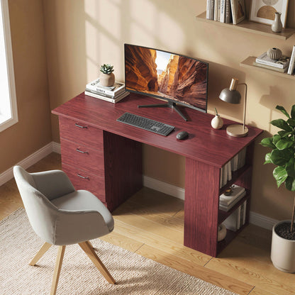 Computer Desk, Writing Table, PC Workstation with 3 Storage Shelves and Drawers, Handle, for Home Office, Walnut Brown