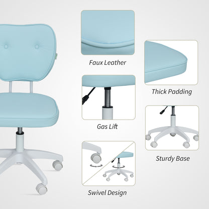 Vanity Office Chair, PU Leather Computer Chair for Home, with Adjustable Height, Armless, Swivel Wheels, Blue