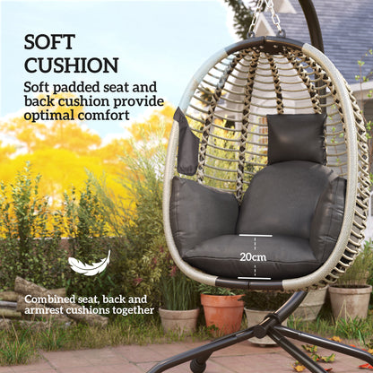 Outdoor Swing Chair with Thick Padded Cushion, Patio Hanging Egg Chair with Metal Stand, Foldable Basket, Cup Holder