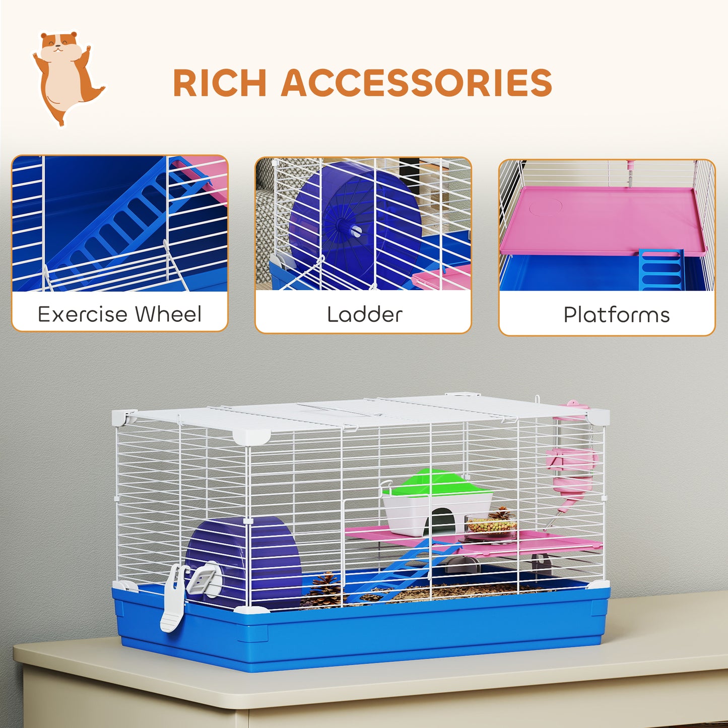 Hamster Cage, Small Gerbil Cage 2 Tiers Portable w/ Handle, Exercise Wheel, Water Bottle, Dishes, Blue