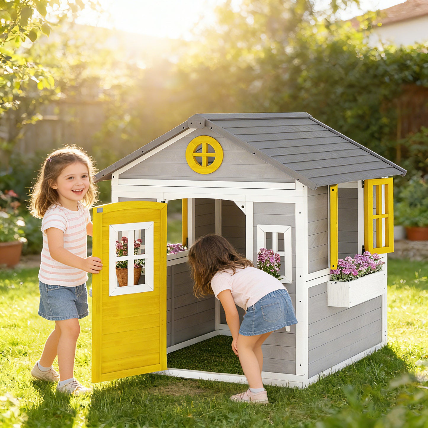 Wooden Playhouse with Doors, Windows, Plant Pots, Boxes, for 3-8 Years - Grey