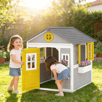 Wooden Playhouse with Doors, Windows, Plant Pots, Boxes, for 3-8 Years - Grey