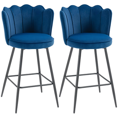 Set of Two Velvet-Feel Lotus Bar Stools - Dark Blue