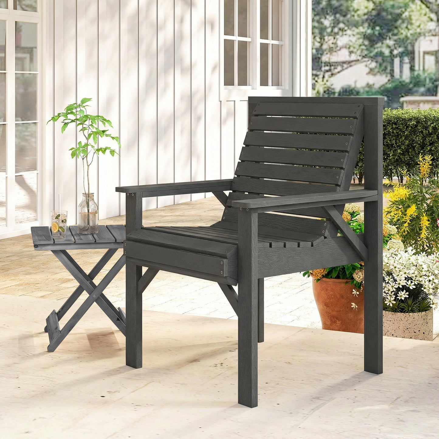 Wooden Garden Dining Chair, Outdoor Chair Garden Armchair with Curved Seat and Wide Armrests, Grey Embossed Finish