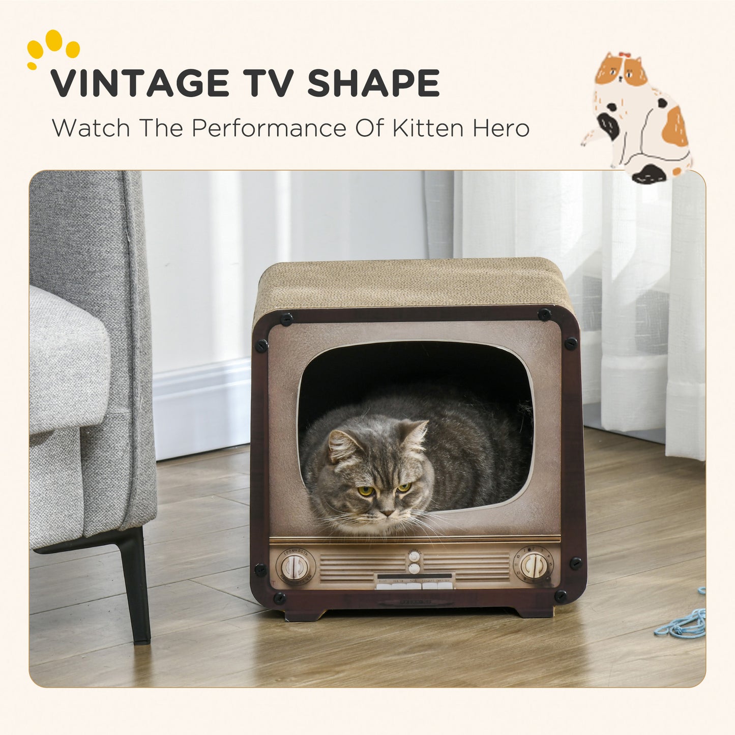 2 in 1 TV Shape Cat Scratching Board House with Catnip, for Indoor Cats, Brown