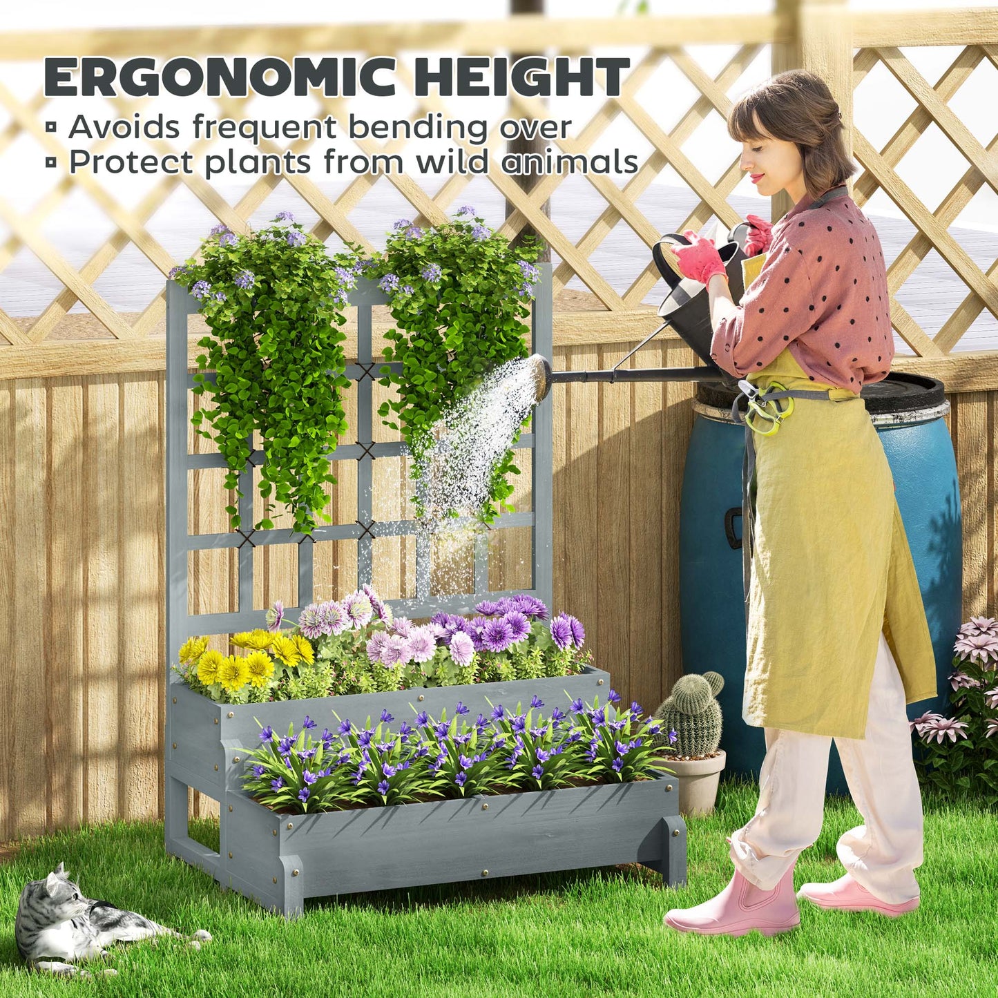 2-Tier Raised Garden Bed with Trellis, Wooden Elevated Planter Box with Drainage Holes