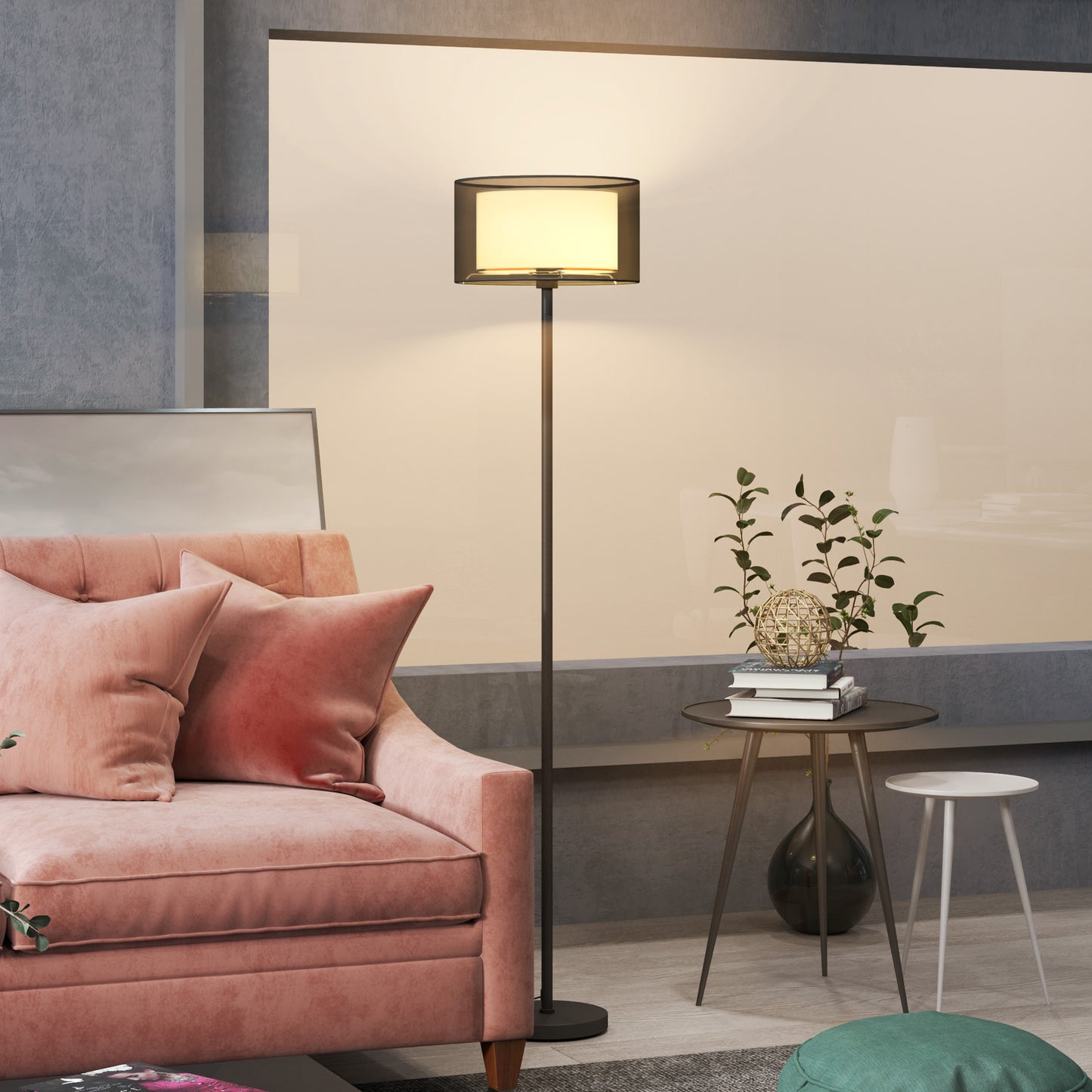 Floor Lamp for Living Room, Modern Standing Lamp with Double Layer Shade & Foot Switch