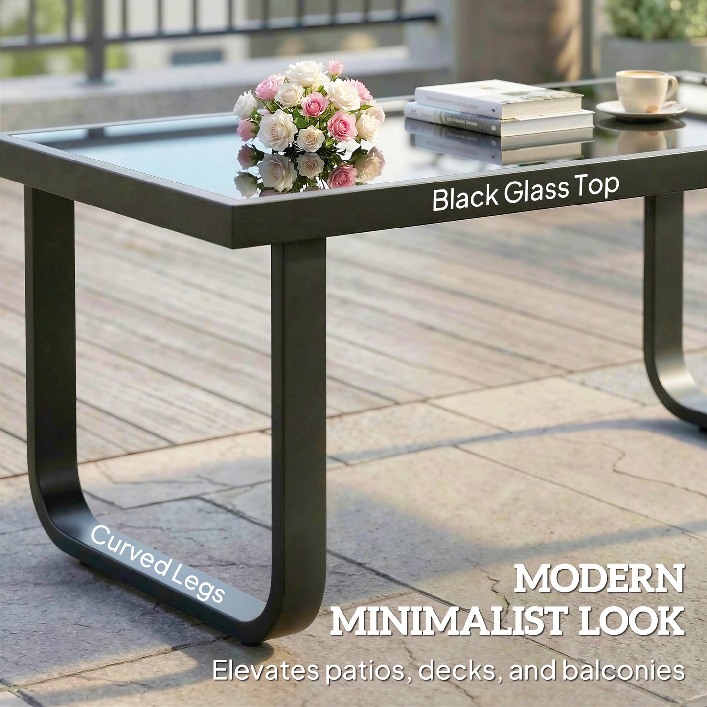Outdoor Garden Coffee Table, Rectangle Metal Side Table with Tempered Glass Tabletop, Adjustable Foot Pads