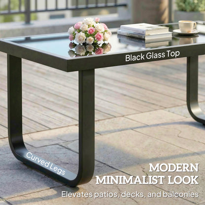 Outdoor Garden Coffee Table, Rectangle Metal Side Table with Tempered Glass Tabletop, Adjustable Foot Pads