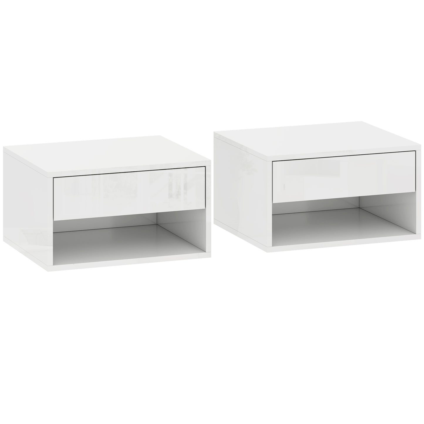 Set of Two Floating Bedside Tables, Wall Mounted Nightstand with Drawer and Open Shelf, High Gloss White