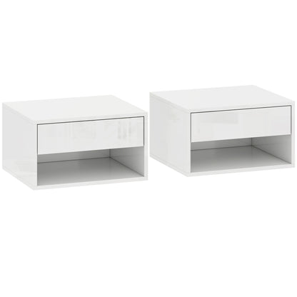 Set of Two Floating Bedside Tables, Wall Mounted Nightstand with Drawer and Open Shelf, High Gloss White