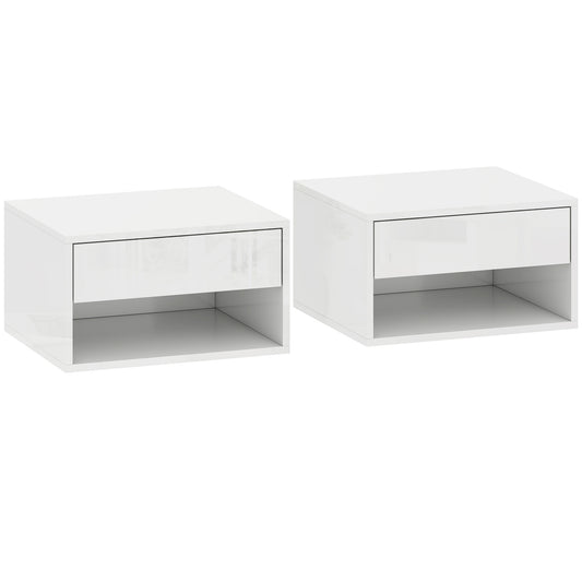 Set of Two Floating Bedside Tables, Wall Mounted Nightstand with Drawer and Open Shelf, High Gloss White