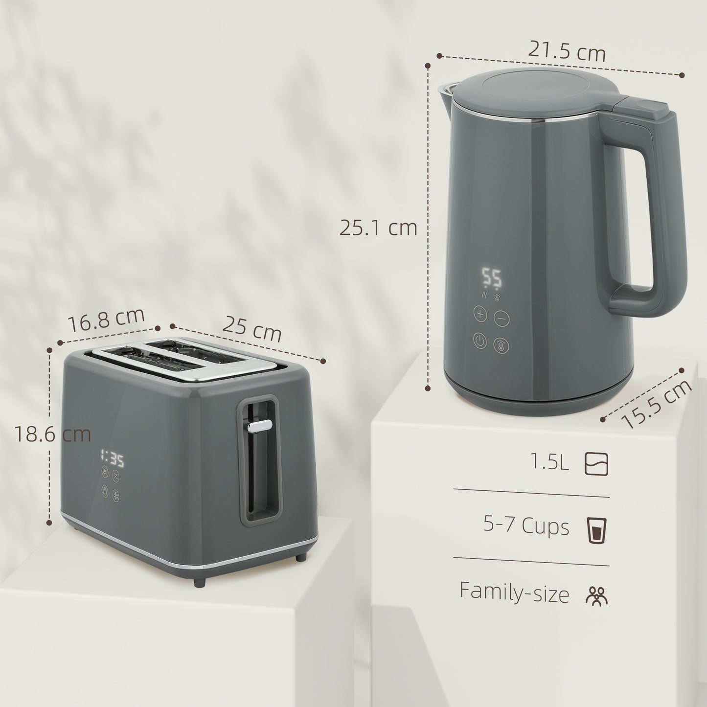 Digital Stainless Steel Kettle and Toaster Set, 1.5L 3000W Fast Boil Kettle, 2 Slice Toaster with 7 Level Browning Controls