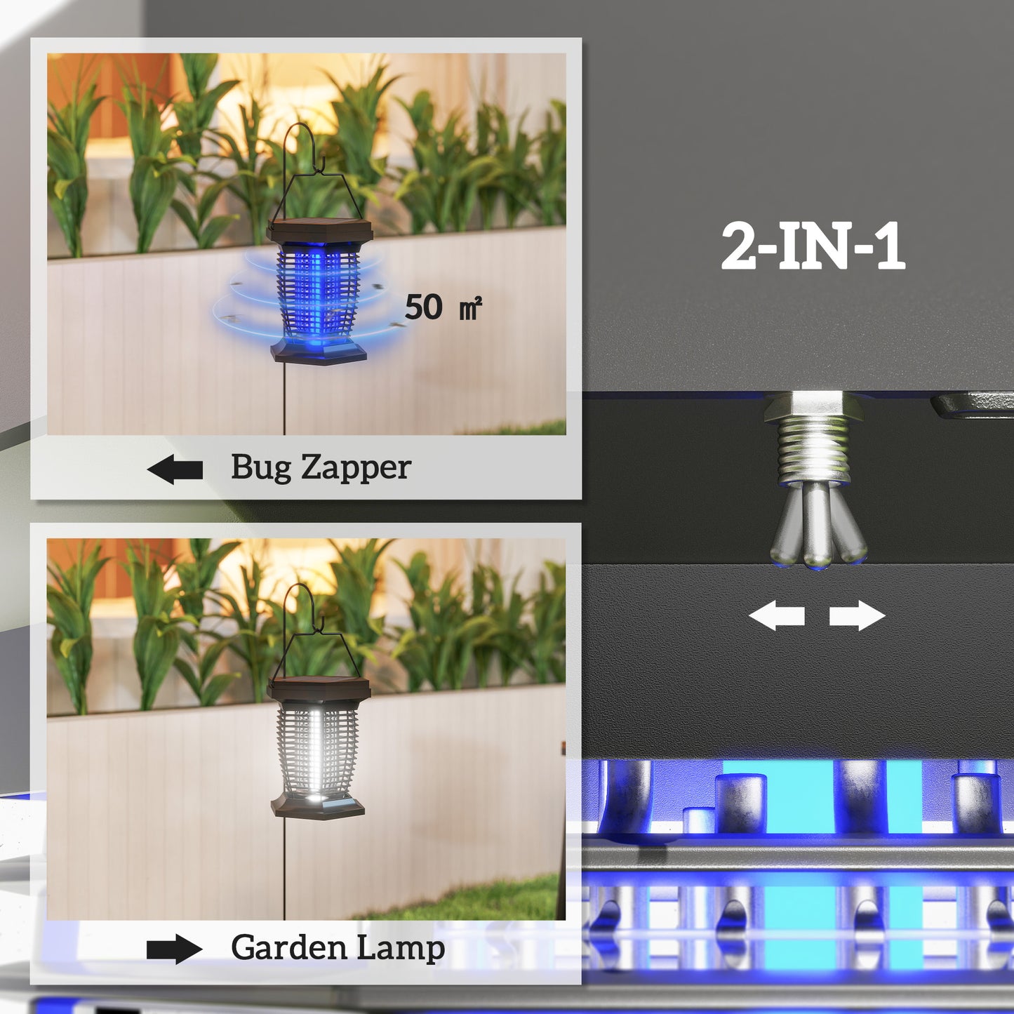 2-in-1 Electric Fly Zapper with UVA Light, Hanging Garden Lantern, Solar and USB-DC Rechargeable Insect Mosquito Bug Zapper