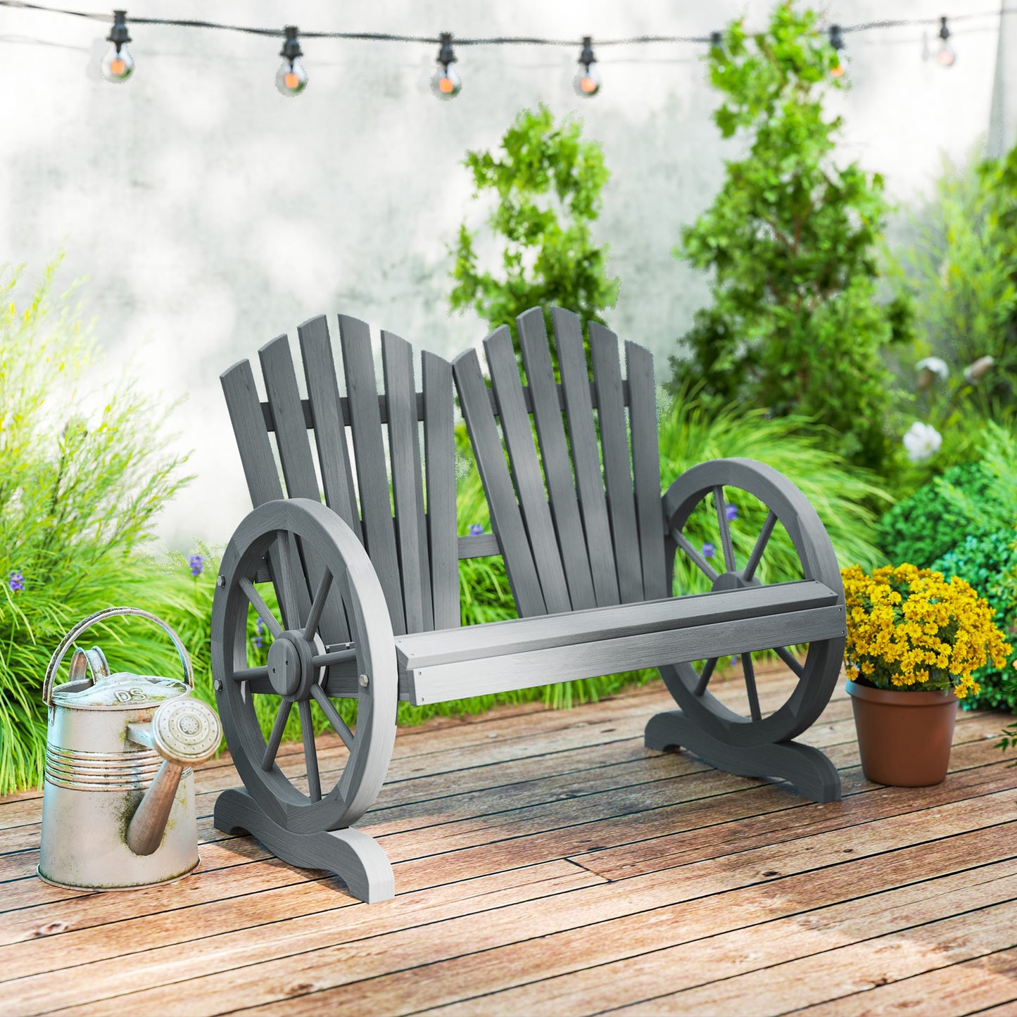 Fir Wood Love Seats with Wheel-Shaped Armrests, Large Load-Bearing Chair, Grey
