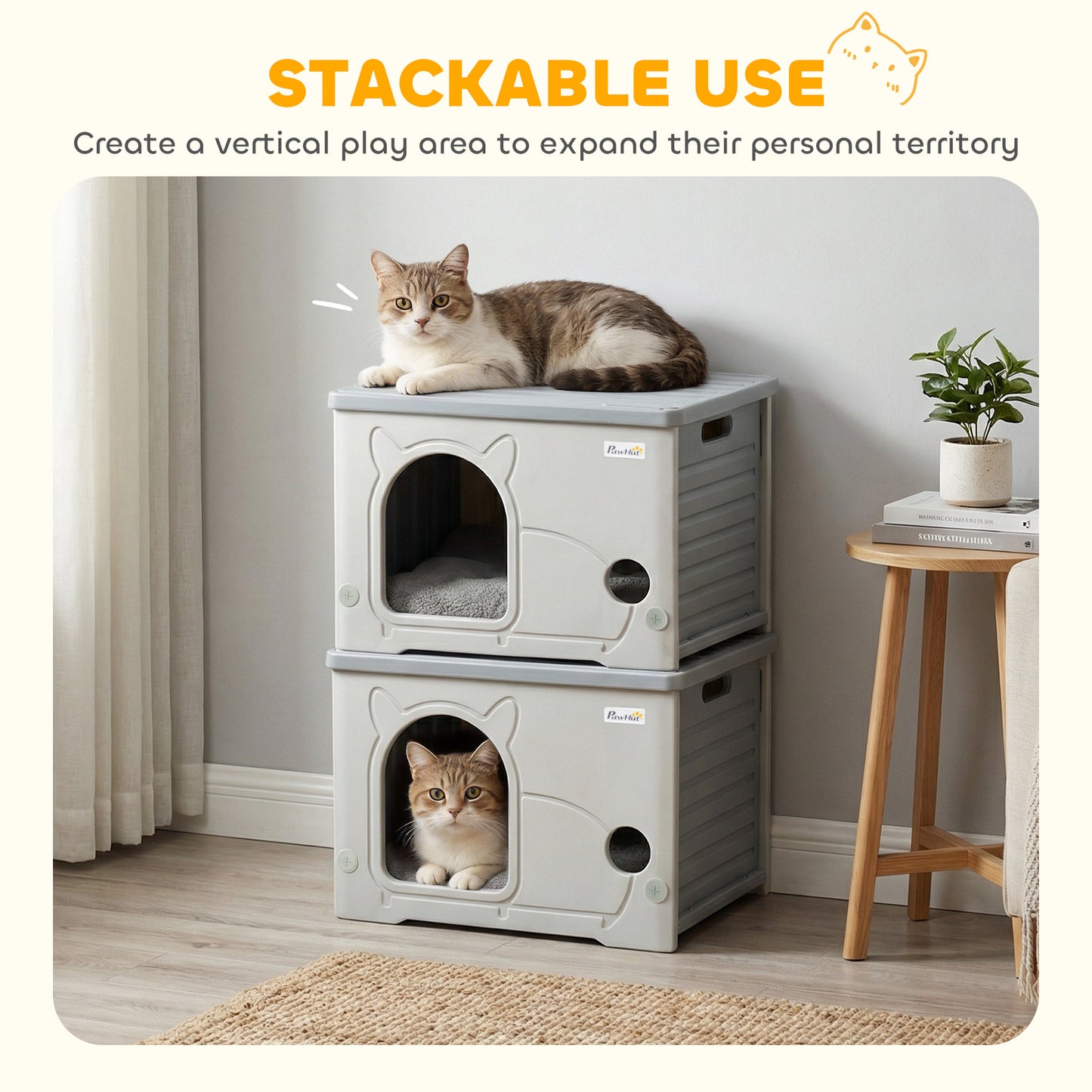 Cat House Stackable Pet Shelter with Removable Cushion for Indoor Outdoor Use Grey