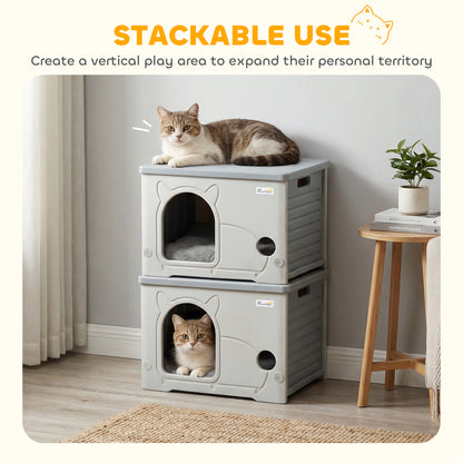 Cat House Stackable Pet Shelter with Removable Cushion for Indoor Outdoor Use Grey