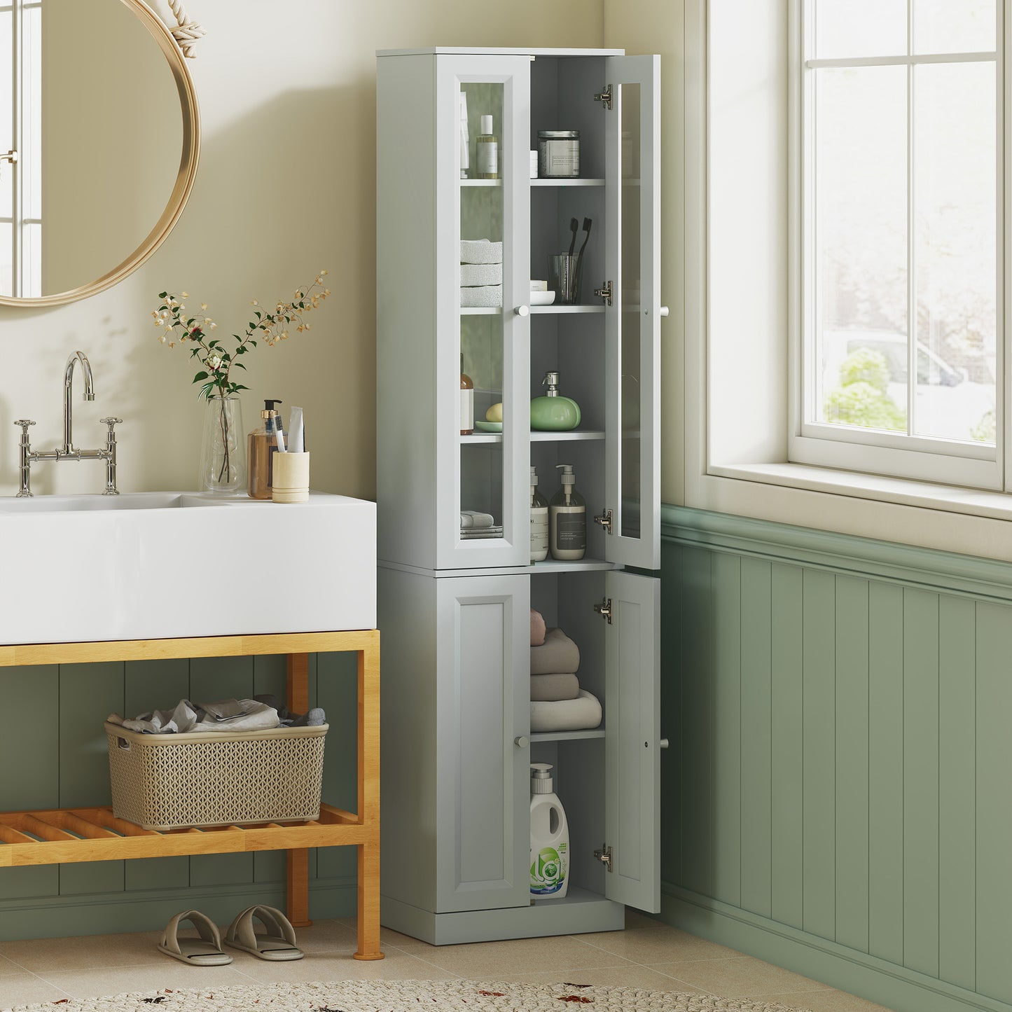 Tall Bathroom Storage Cabinet, 6-Tier Slim Bathroom Cabinet with Adjustable Shelf, 4 Soft-Close Doors, Dusty Blue