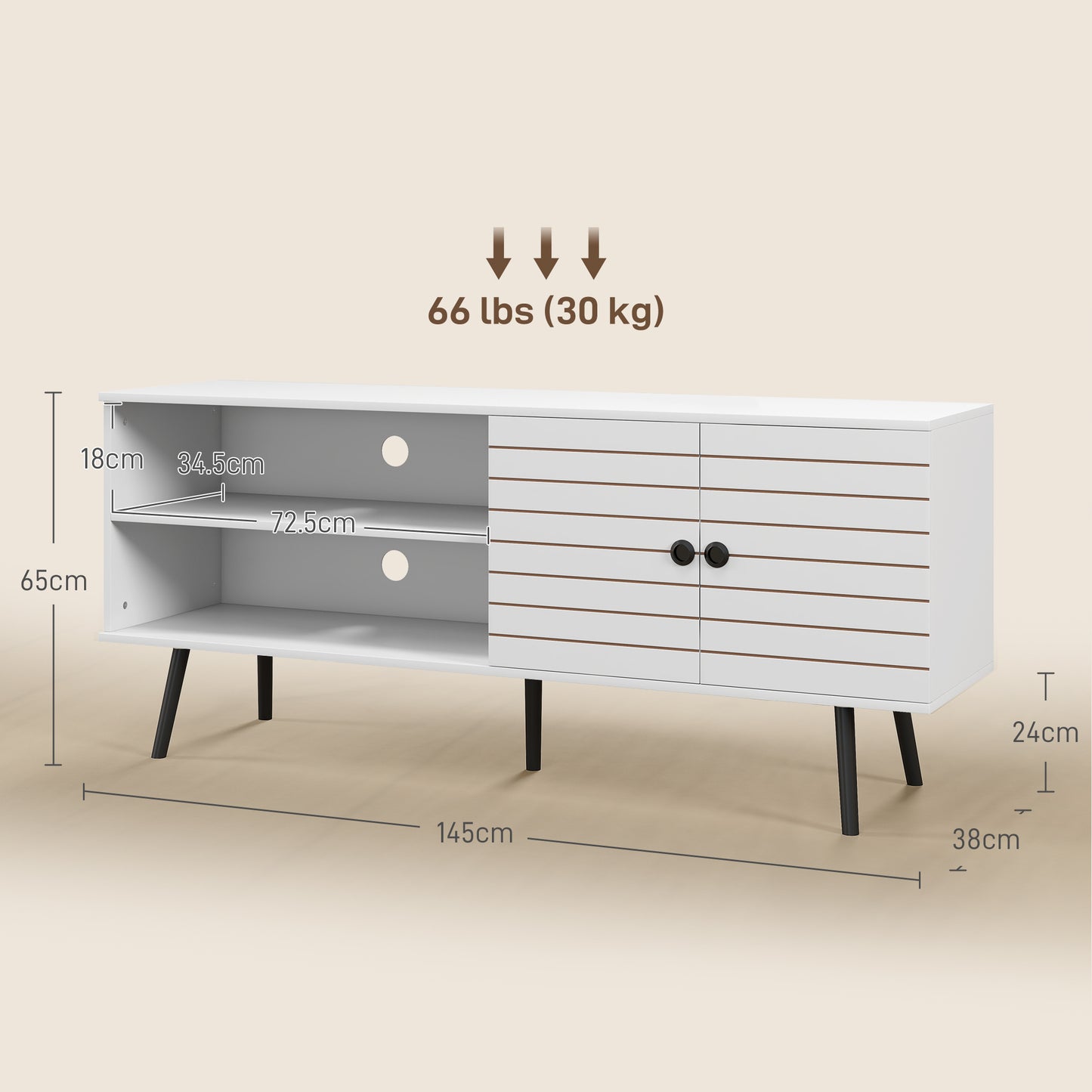 TV Stand with Cupboard, Open Shelves, Striped Doors, Wooden legs, White